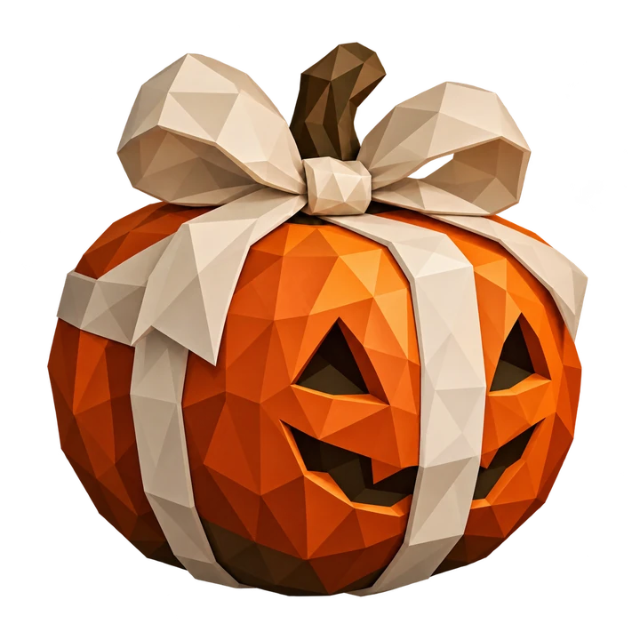 Low-Poly-Kürbis mit heller Schleife